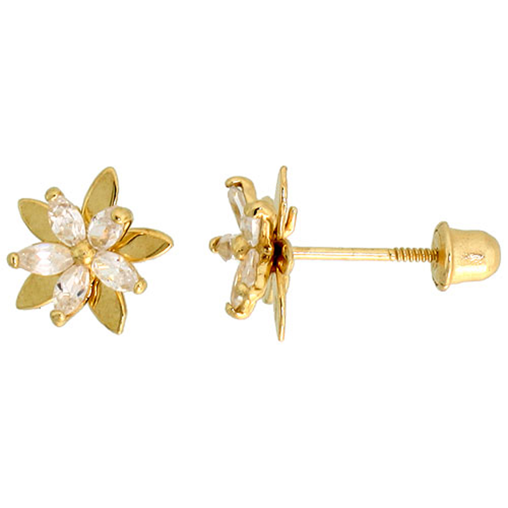 14k Gold Flower Stud Earrings White Cubic Zirconia Stones, 5/16 inch (8mm) 