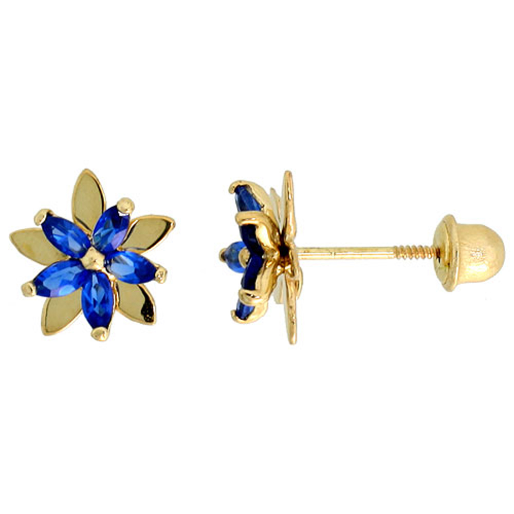 14k Gold Flower Stud Earrings Blue Cubic Zirconia Stones, 5/16 inch (8mm) 