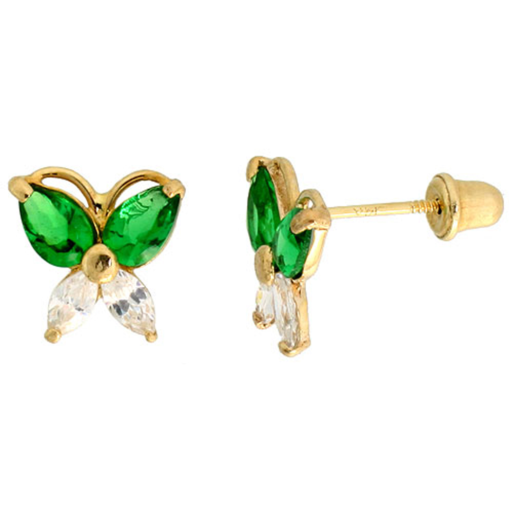 14k Gold Butterfly Stud Earrings Green &amp; white Cubic Zirconia Stones, 5/16 inch (8mm) 
