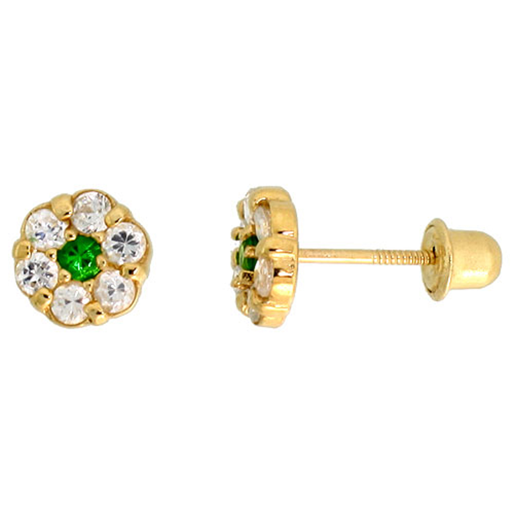 14k Gold Tiny Flower Stud Earrings Green &amp; white Cubic Zirconia Stones, 1/4 inch (6mm) 