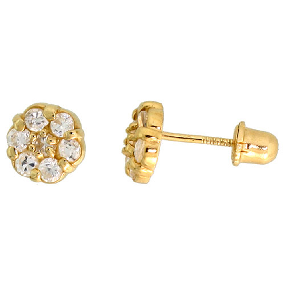 14k Gold Tiny Flower Stud Earrings White Cubic Zirconia Stones, 1/4 inch (6mm) 