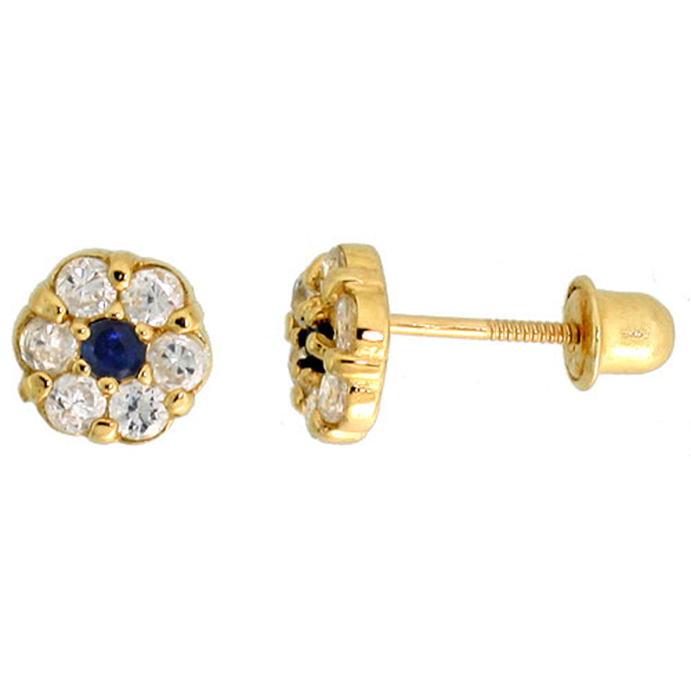 14k Gold Tiny Flower Stud Earrings Blue & white Cubic Zirconia Stones, 1/4 inch (6mm) 