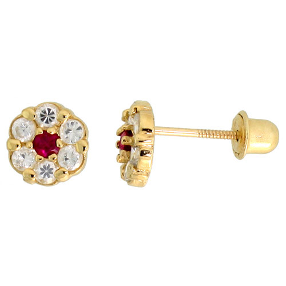 14k Gold Tiny Flower Stud Earrings Red &amp; white Cubic Zirconia Stones, 1/4 inch (6mm) 