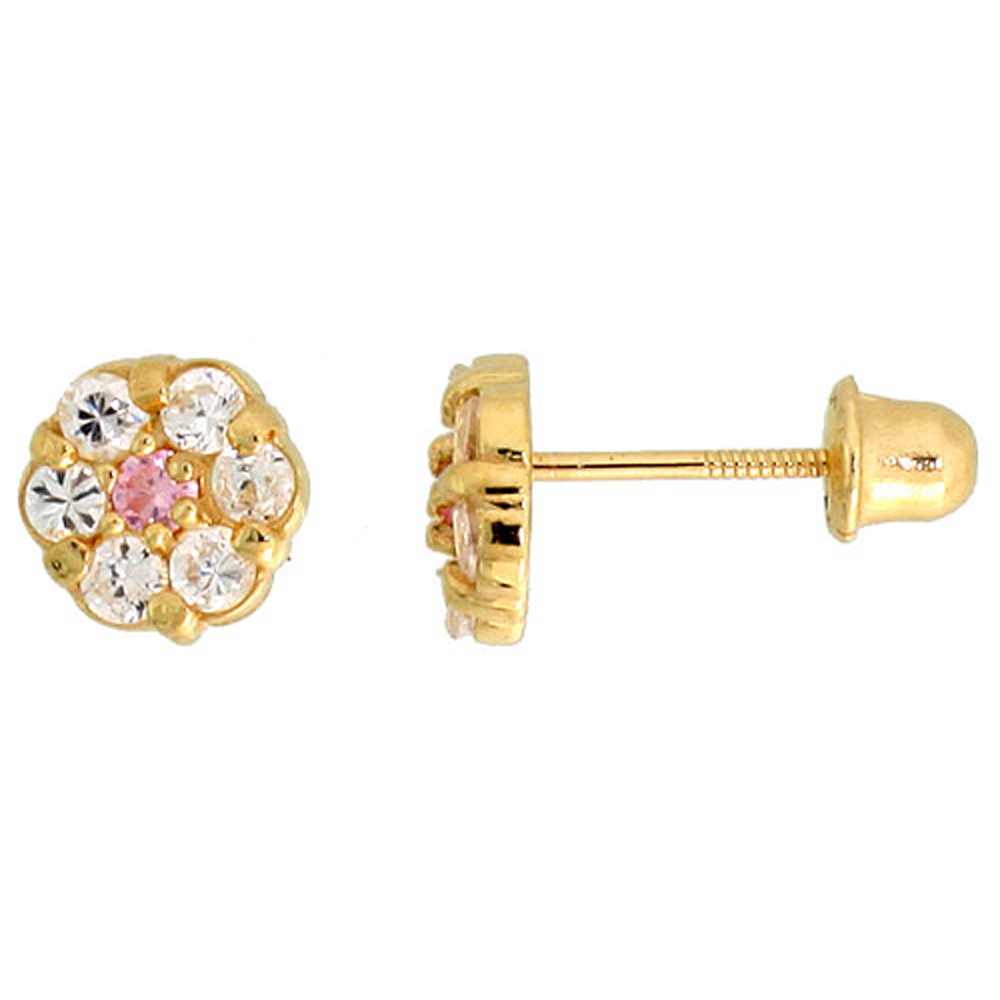 14k Gold Tiny Flower Stud Earrings Pink &amp; white Cubic Zirconia Stones, 1/4 inch (6mm) 