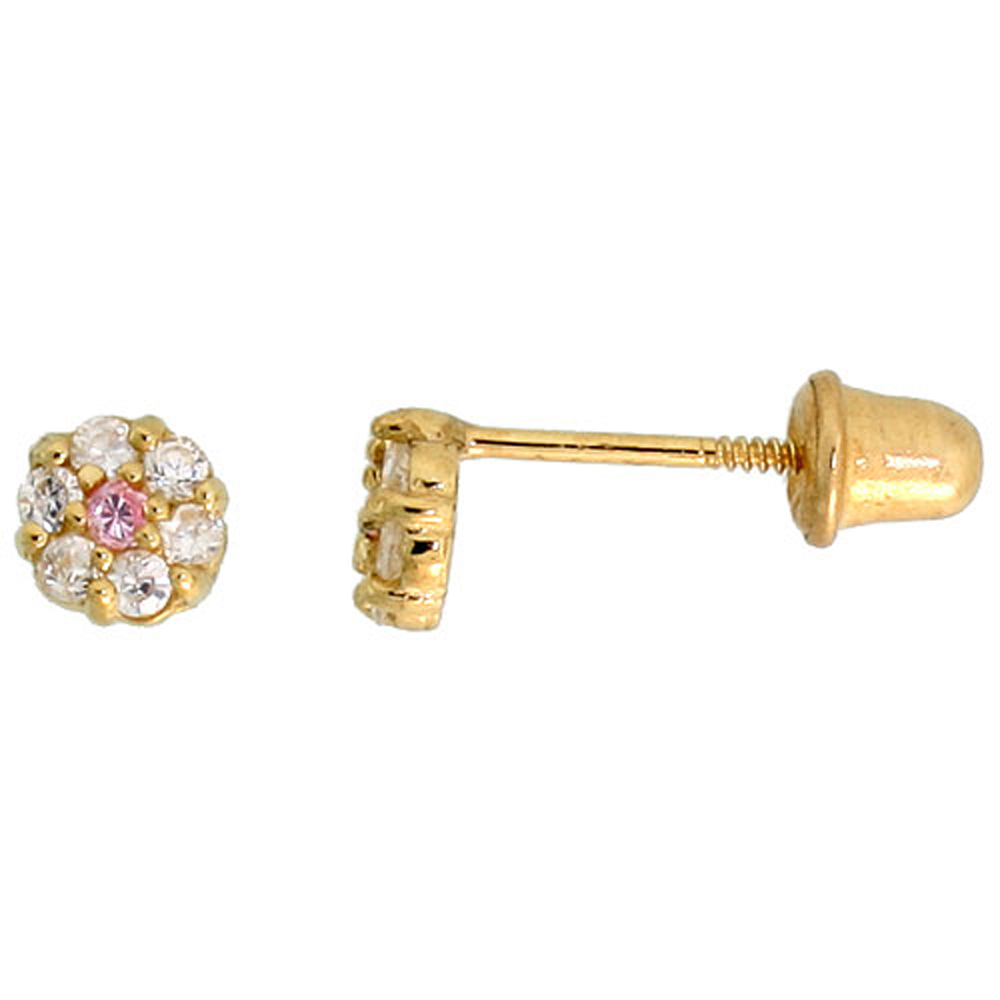 14k Gold Tiny Flower Stud Earrings Pink &amp; white Cubic Zirconia Stones, 7/32 inch (4mm) 