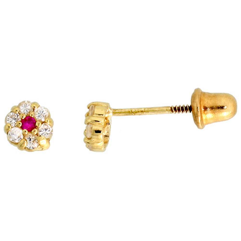 14k Gold Tiny Flower Stud Earrings Red & white Cubic Zirconia Stones, 7/32 inch (4mm) 