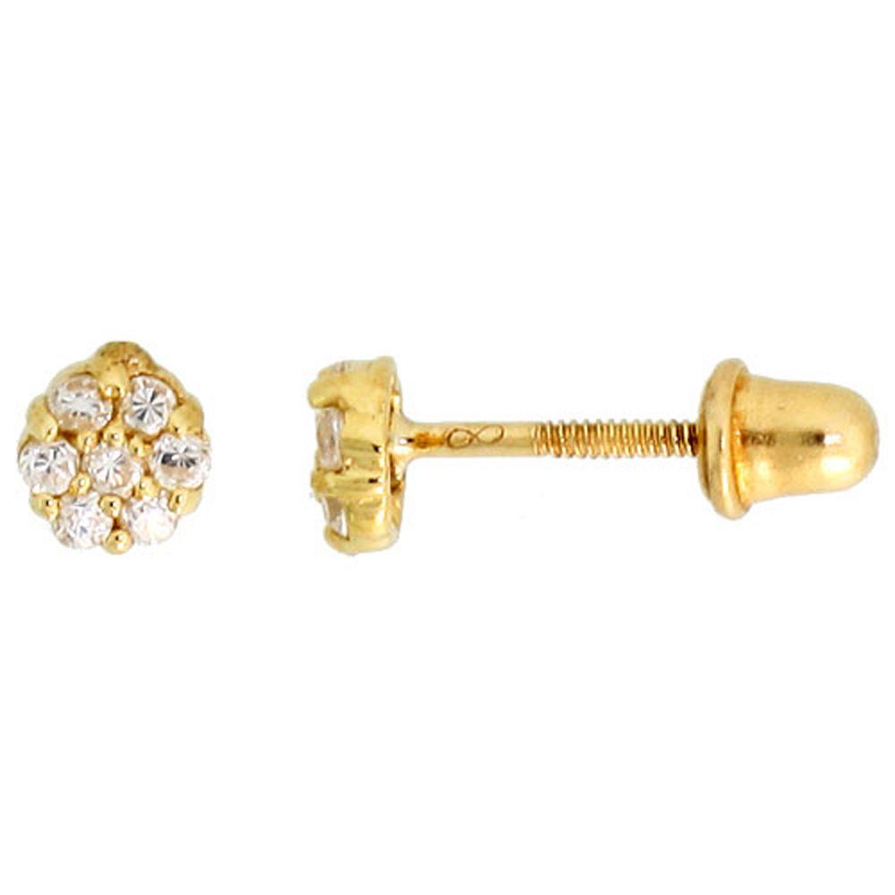 14k Gold Tiny Flower Stud Earrings White Cubic Zirconia Stones, 7/32 inch (4mm) 