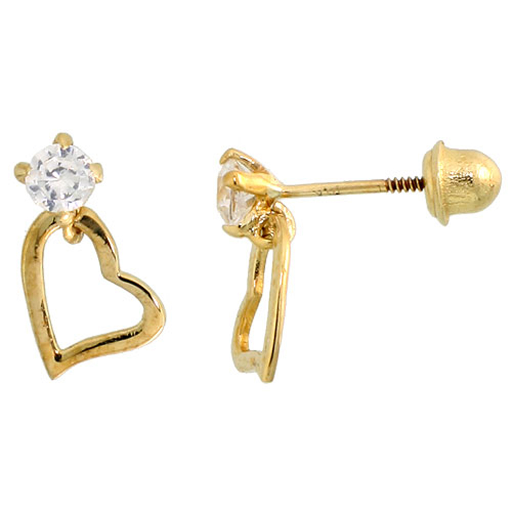 14k Gold Heart Stud Earrings White Cubic Zirconia Stones, 3/8 inch (10mm) 