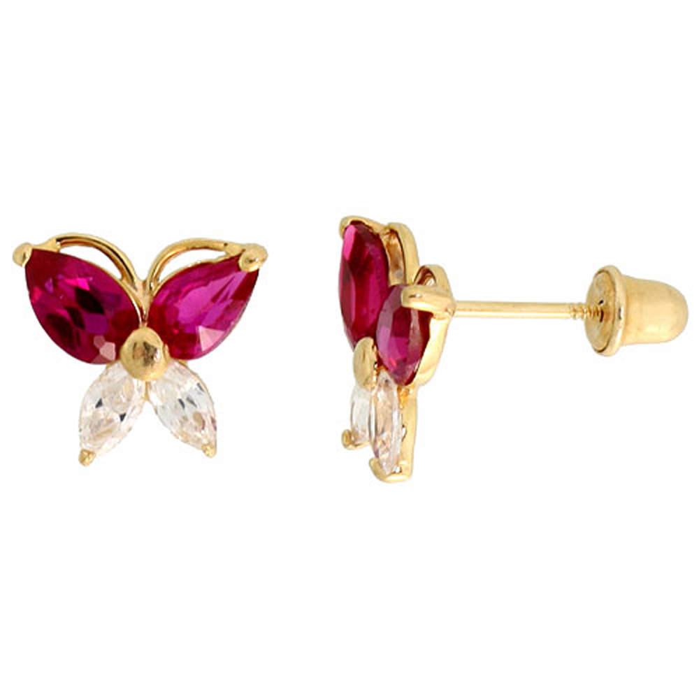 14k Gold Butterfly Stud Earrings Red & white Cubic Zirconia Stones, 5/16 inch (8mm) 