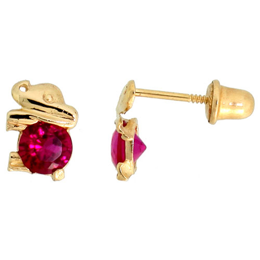 14k Gold Tiny Elephant Stud Earrings Red Cubic Zirconia Stones, 1/4 inch (7mm) 