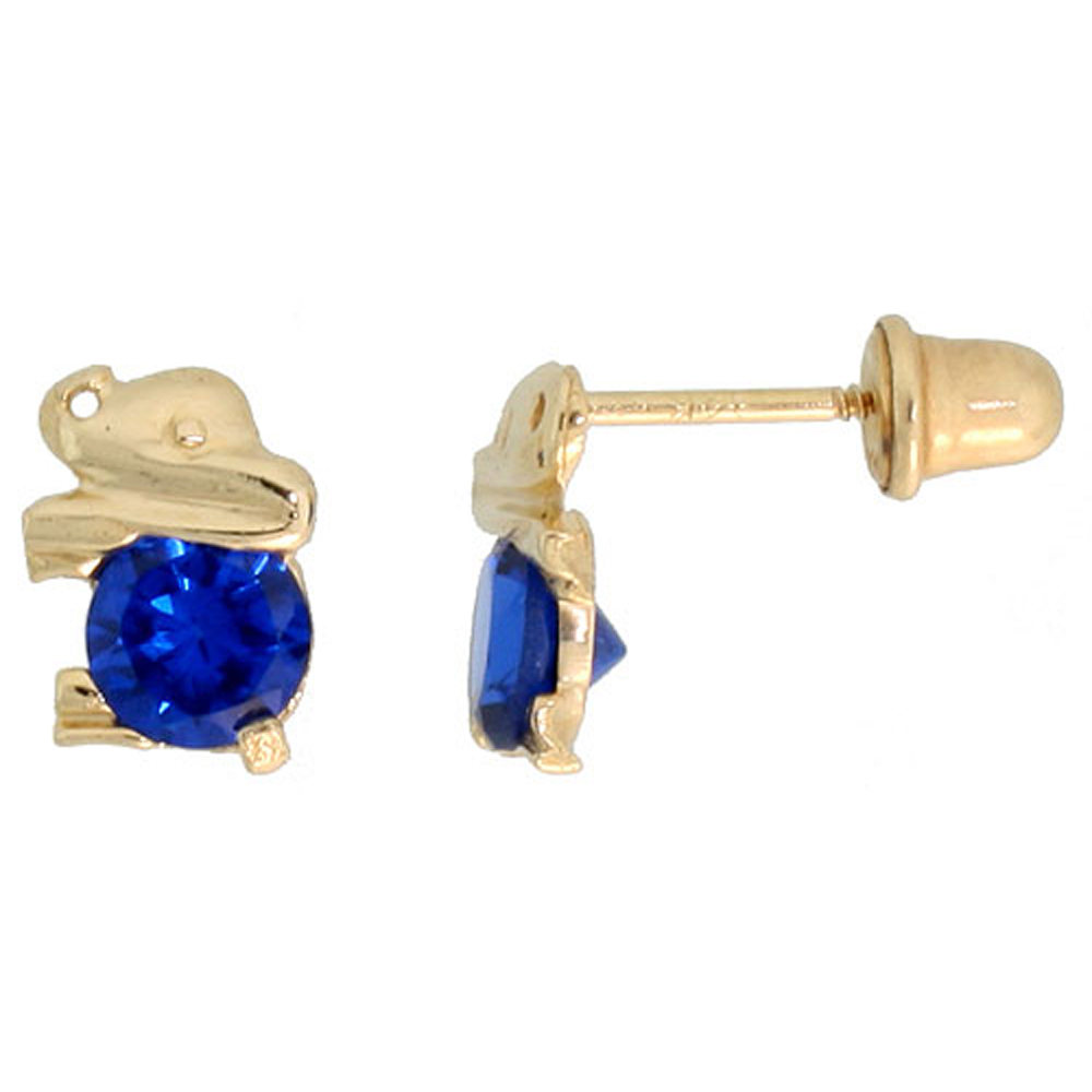 14k Gold Tiny Elephant Stud Earrings Blue Cubic Zirconia Stones, 1/4 inch (7mm) 
