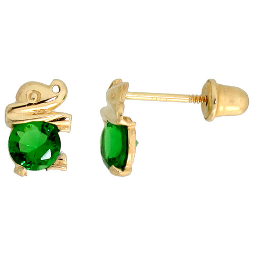 14k Gold Tiny Elephant Stud Earrings Green Cubic Zirconia Stones, 1/4 inch (7mm) 