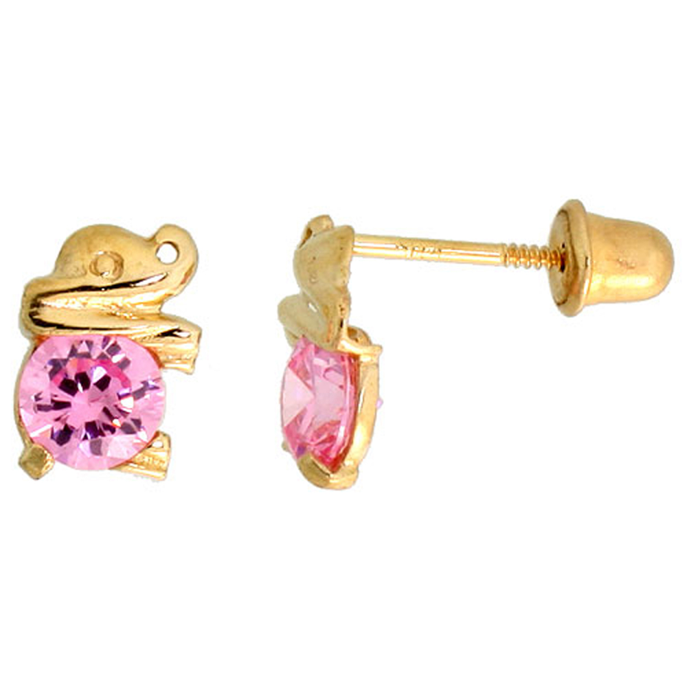 14k Gold Tiny Elephant Stud Earrings Pink Cubic Zirconia Stones, 1/4 inch (7mm) 