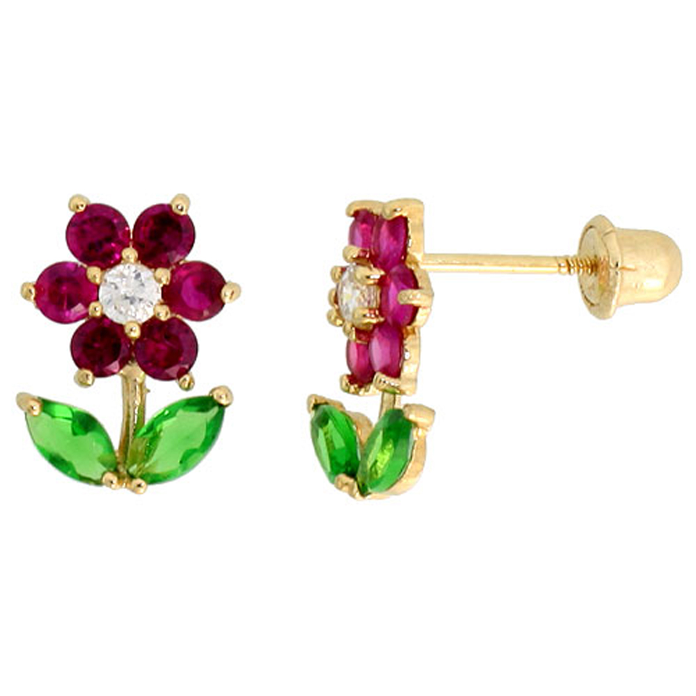 14k Gold Flower w/ Leaves Stud Earrings Green & white Cubic Zirconia Stones, 3/8 inch (10mm) 