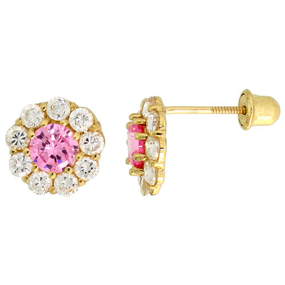 14k Gold Flower Stud Earrings Pink & white Cubic Zirconia Stones, 5/16 inch (8mm) 
