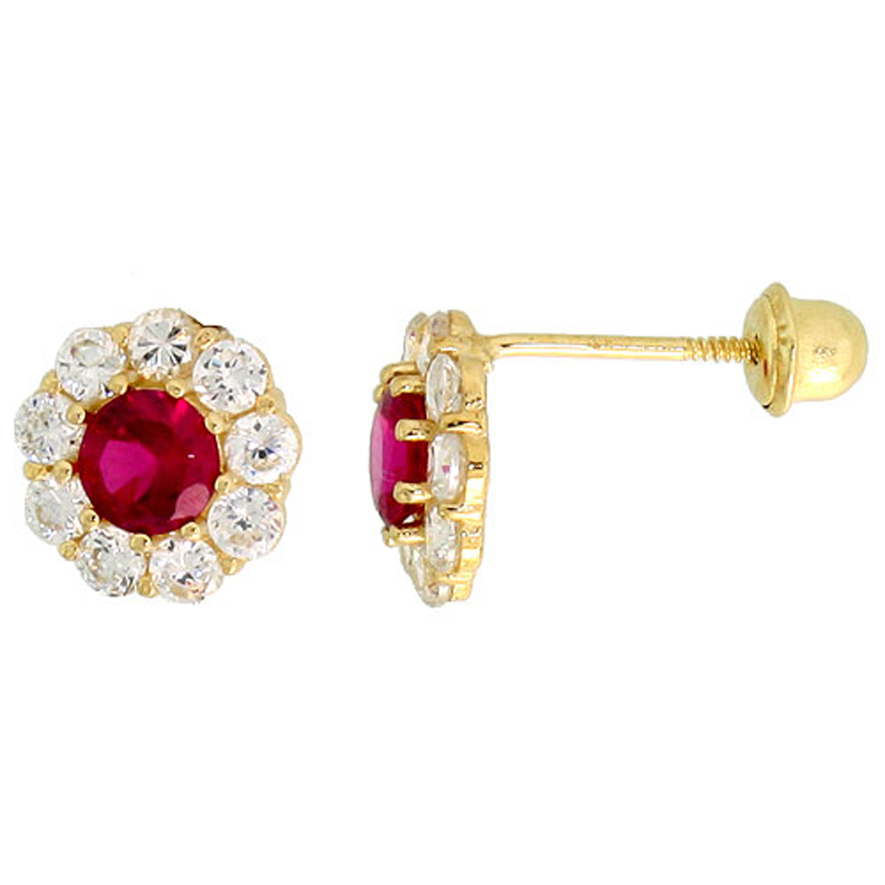 14k Gold Flower Stud Earrings Red &amp; white Cubic Zirconia Stones, 5/16 inch (8mm) 