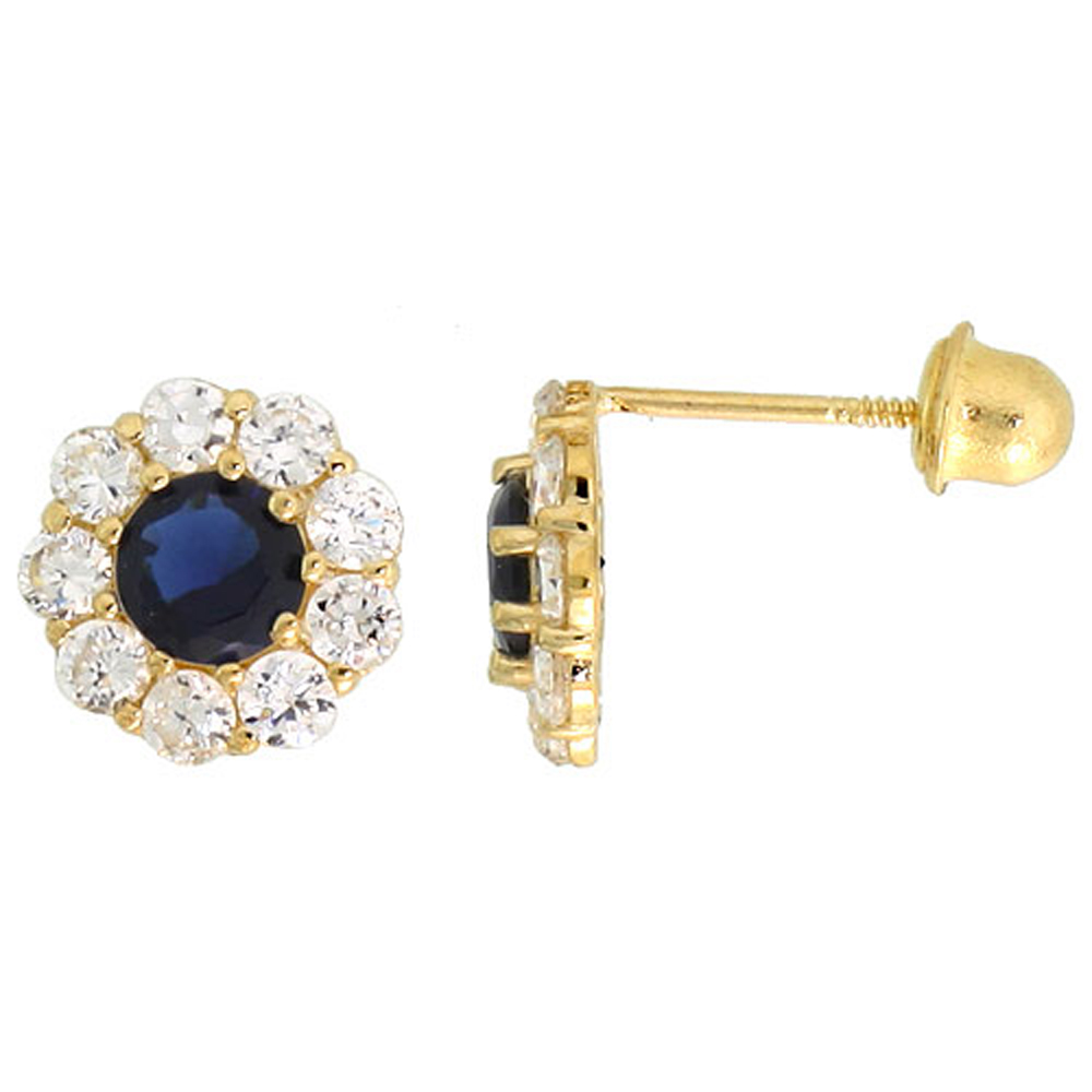 14k Gold Flower Stud Earrings Blue & white Cubic Zirconia Stones, 5/16 inch (8mm) 