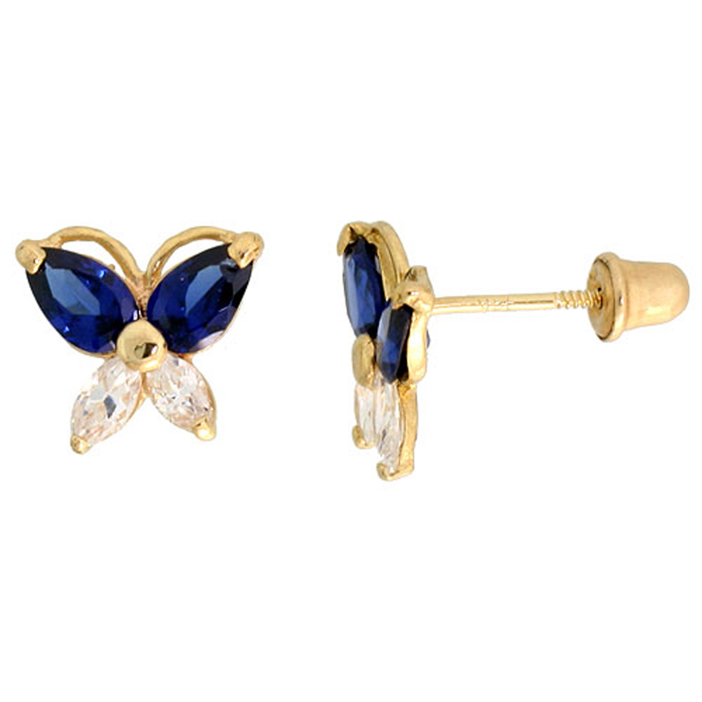 14k Gold Butterfly Stud Earrings Blue &amp; white Cubic Zirconia Stones, 5/16 inch (8mm) 
