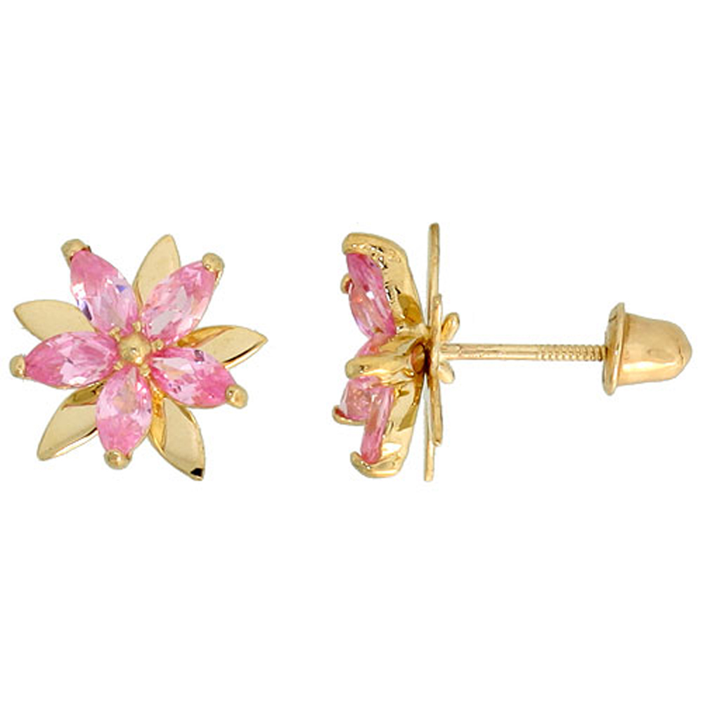 14k Gold Flower Stud Earrings Pink Cubic Zirconia Stones, 3/8 inch (9mm) 