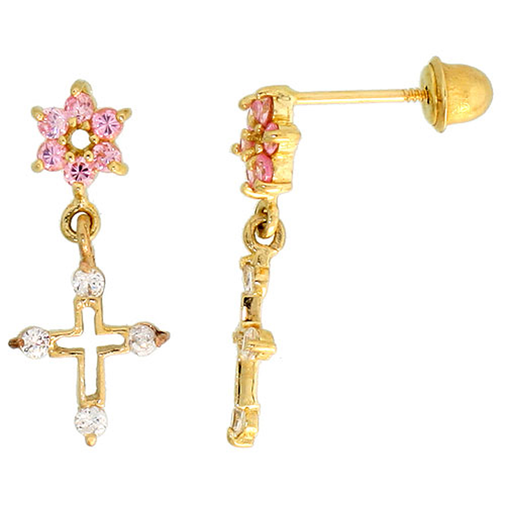 14k Gold Flower & Cross Dangling Earrings Pink & white Cubic Zirconia Stones, 11/16 inch (18mm) 