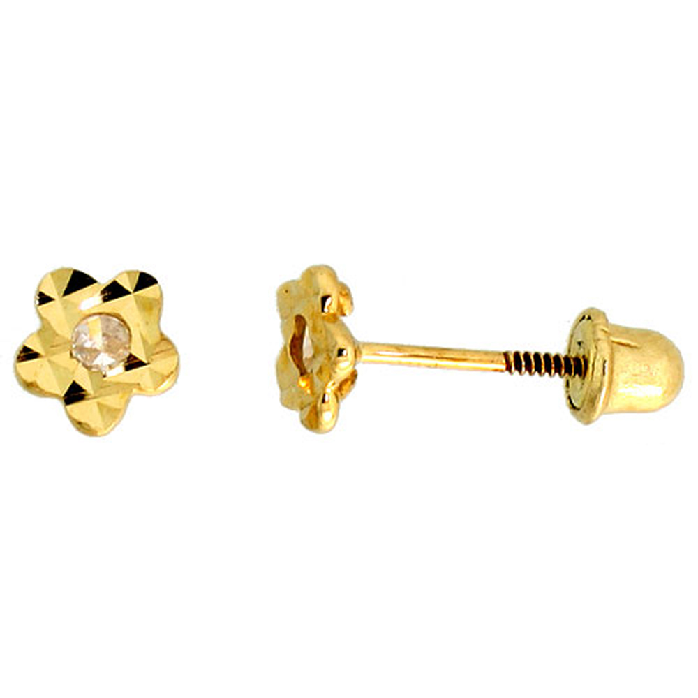 14k Gold Tiny Flower Stud Earrings White Cubic Zirconia Stones, 3/16 inch (5mm) 