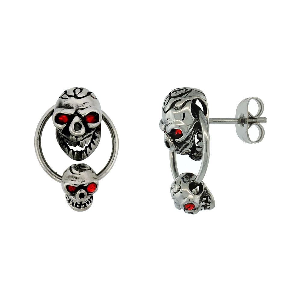 Stainless Steel Skull Earrings w/ Red Eyes, 3/4 inch