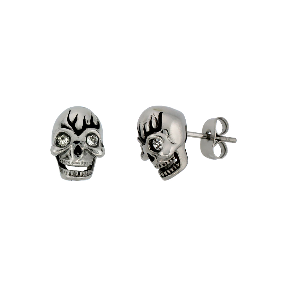 Stainless Steel Skull Earrings w/ Crystal Eyes, 1/2 inch