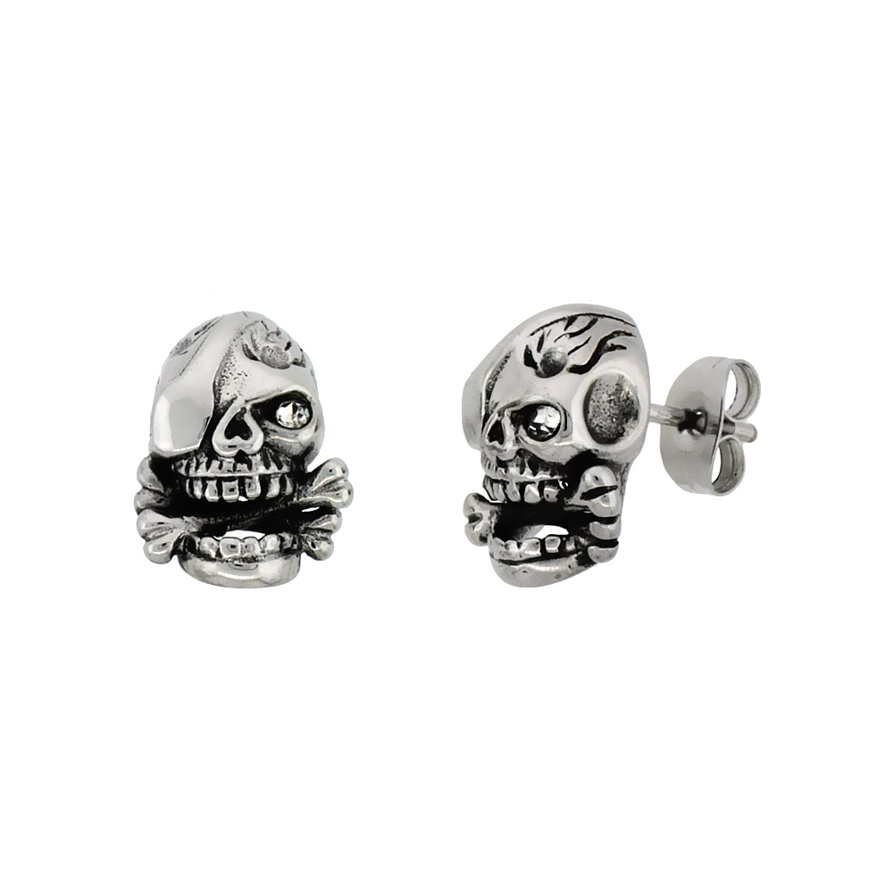 Stainless Steel One-Eyed Skull & Cross Bones Earrings, 1/2 inch
