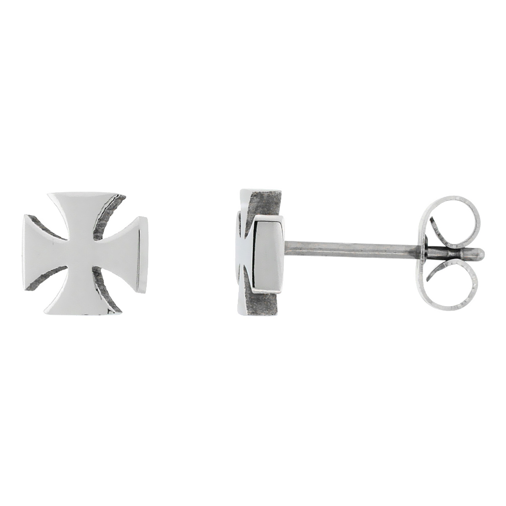 Small Stainless Steel Maltese Cross Stud Earrings 1/4 inch