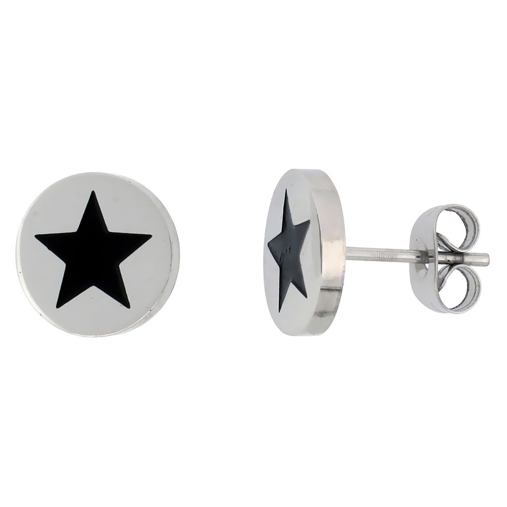 Stainless Steel Star Stud Earrings Black Enameled 3/8 inch