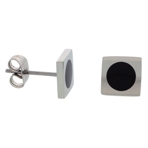 Stainless Steel Square Stud Earrings Round Black Dot 5/16inch