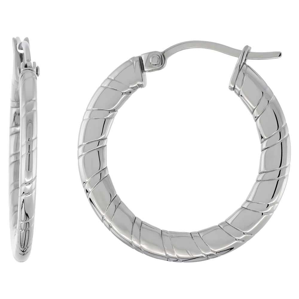 Stainless Steel Flat Hoop Earrings 1 inch Round 2 mm Thin Tube Candy Stripe Pattern Light Weightt