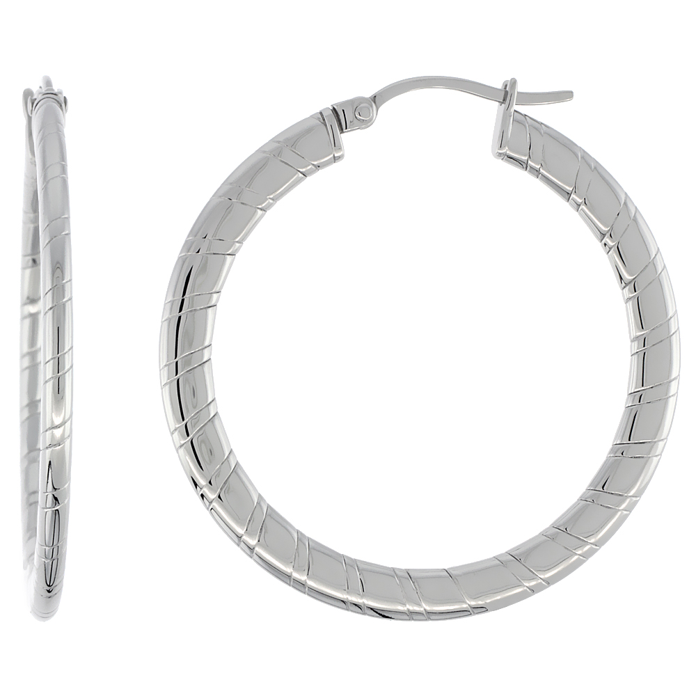 Stainless Steel Flat Hoop Earrings 1 1/2 inch Round 2 mm Thin Tube Candy Stripe Pattern Light Weightt