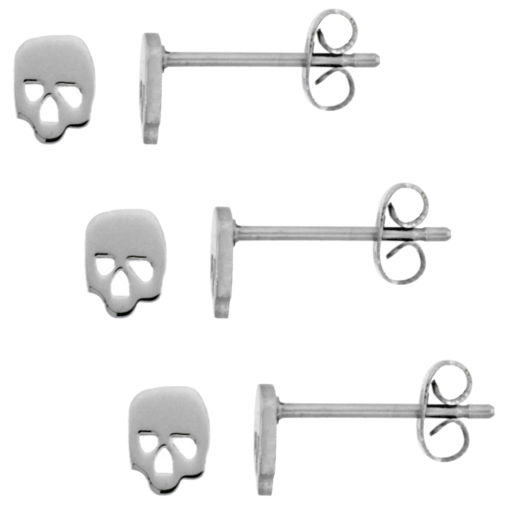 3 PAIR PACK Stainless Steel Tiny Skull Stud Earrings 1/4 inch round