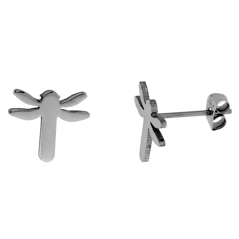 3 PAIR PACK Stainless Steel Tiny Dragonfly Stud Earrings 1/2 inch