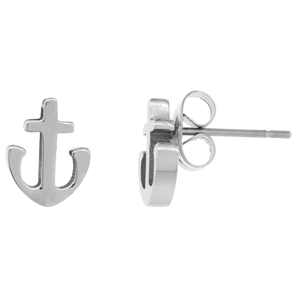 10 Pair Pack Small Stainless Steel Anchor Stud Earrings 3/8 inch