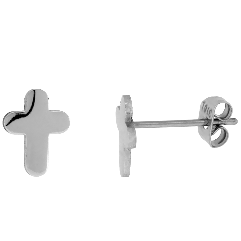 3 PAIR PACK Stainless Steel Tiny Curvy Cross Stud Earrings 1/2 inch