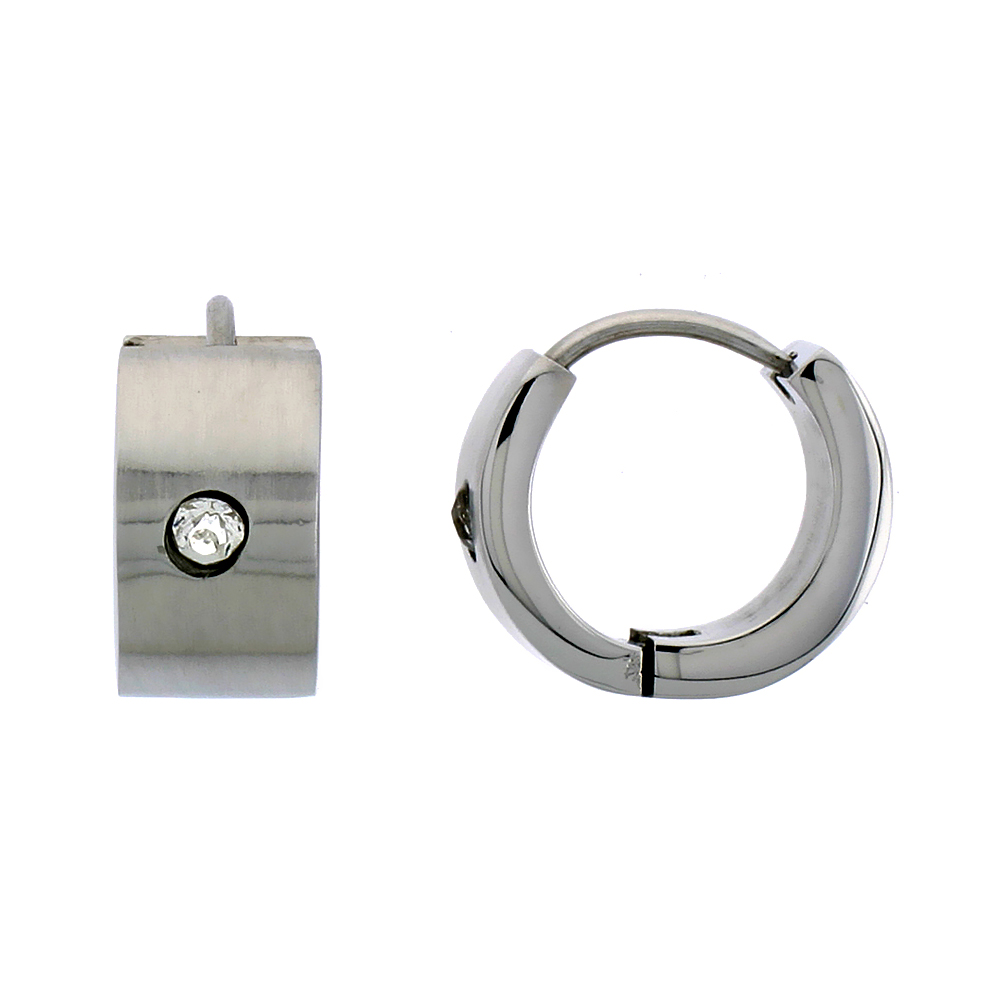 STAINLESS STEEL HUGGIE EARRINGS WITH WHITE CRYSTAL BRUSHED FINISH 1/2 INCH DIAMETER