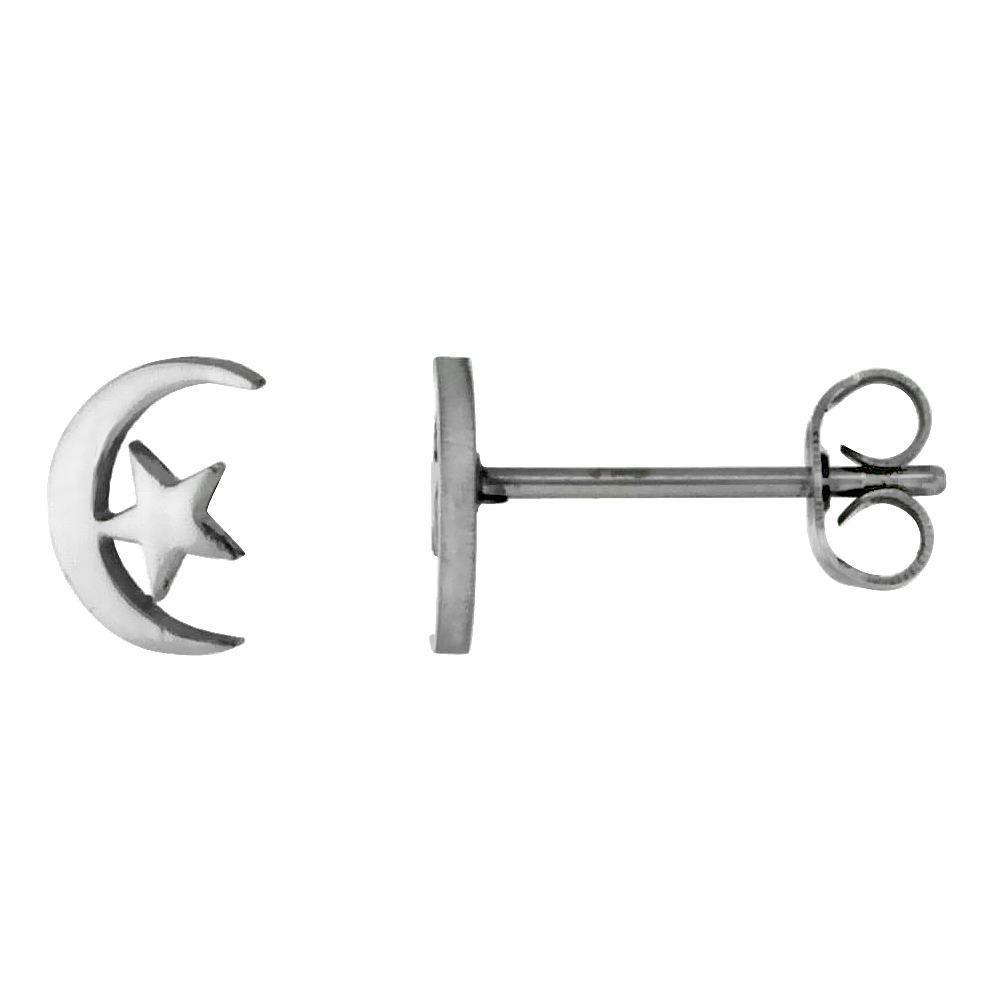 3 PAIR PACK Stainless Steel Tiny Moon & Star Stud Earrings 5/16 inch