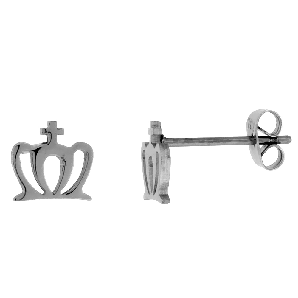 Stainless Steel Tiny Crown with Cross Stud Earrings 5/32 inch