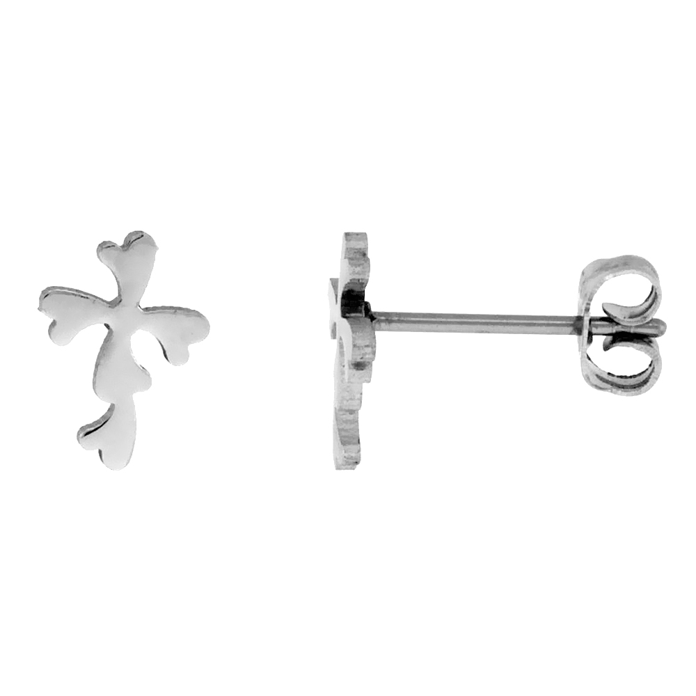 Stainless Steel Tiny Hearts Cross Stud Earrings 3/8 inch