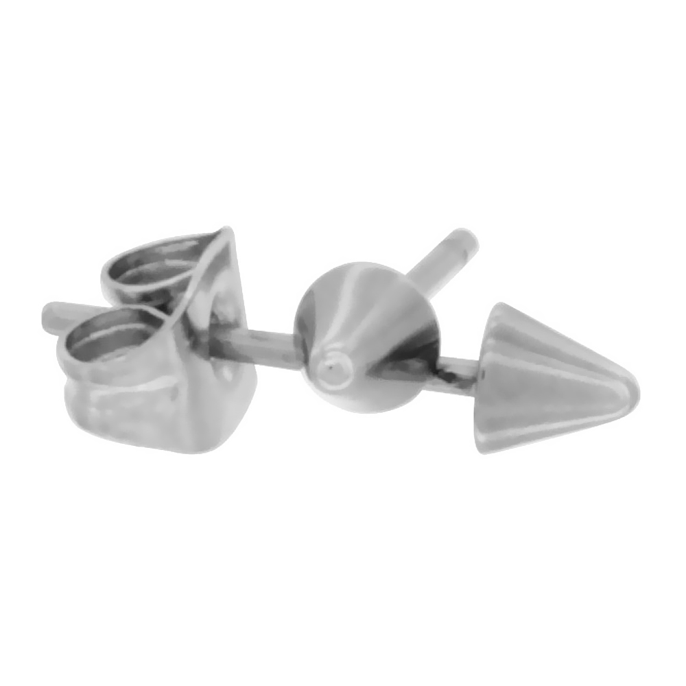 3 PAIR PACK Tiny Stainless Steel Cone Stud Earrings, 9/16 inch long