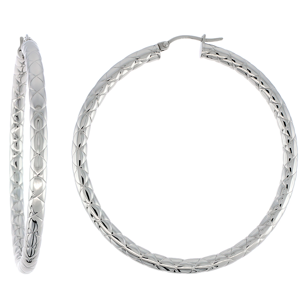 Stainless Steel Hoop Earrings 2 1/4 inch Round 4 mm wide Zigzag Pattern Light Weightt
