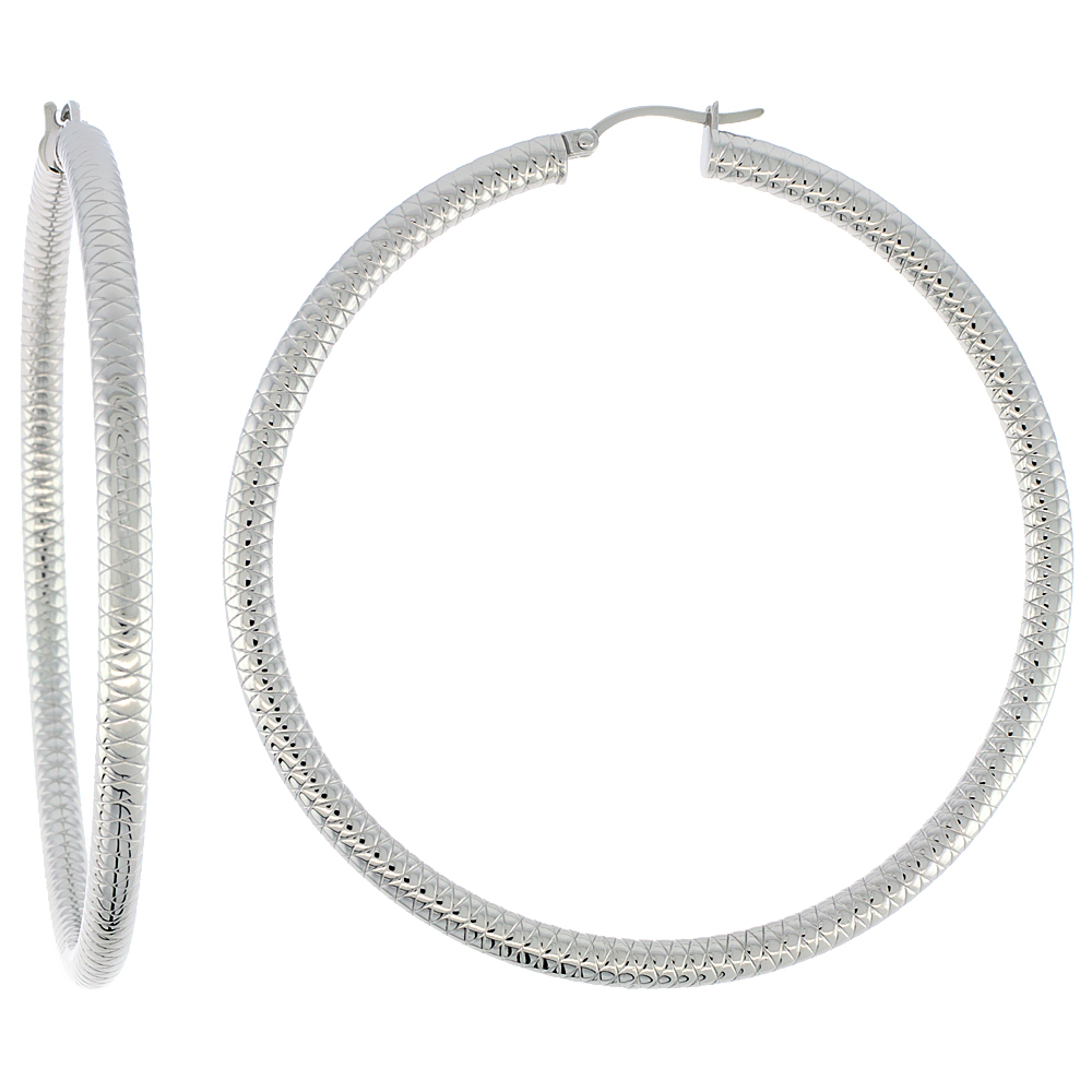 Stainless Steel Hoop Earrings 2 3/4 inch Round 4 mm wide Tight Zigzag Pattern Light Weightt
