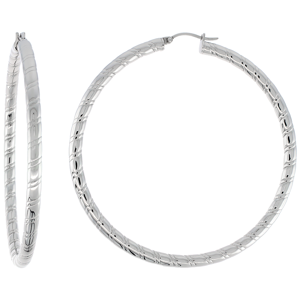 Stainless Steel Hoop Earrings 2 3/4 inch round 4 mm wide Candy Stripe Pattern Light Weightt