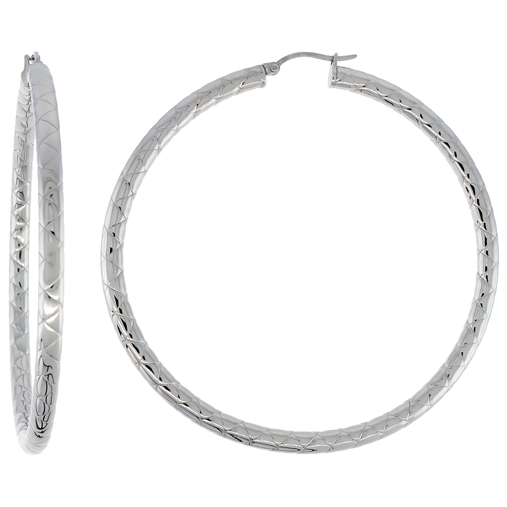 Stainless Steel Hoop Earrings 2 3/4 inch Round 4 mm wide Zigzag Pattern Light Weightt