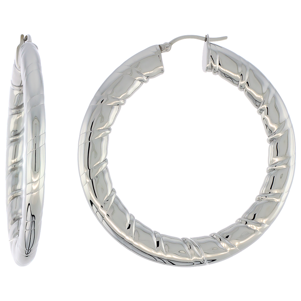 Stainless Steel Flat Hoop Earrings 2 inch Round 4 mm wide Candy Stripe Pattern Light Weightt