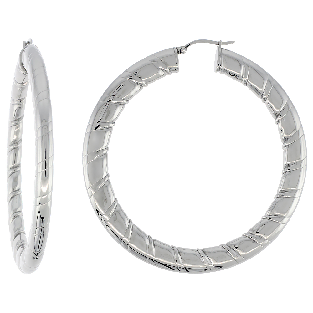 Stainless Steel Flat Hoop Earrings 2 1/2 inch Round 4 mm wide Candy Stripe Pattern Light Weightt