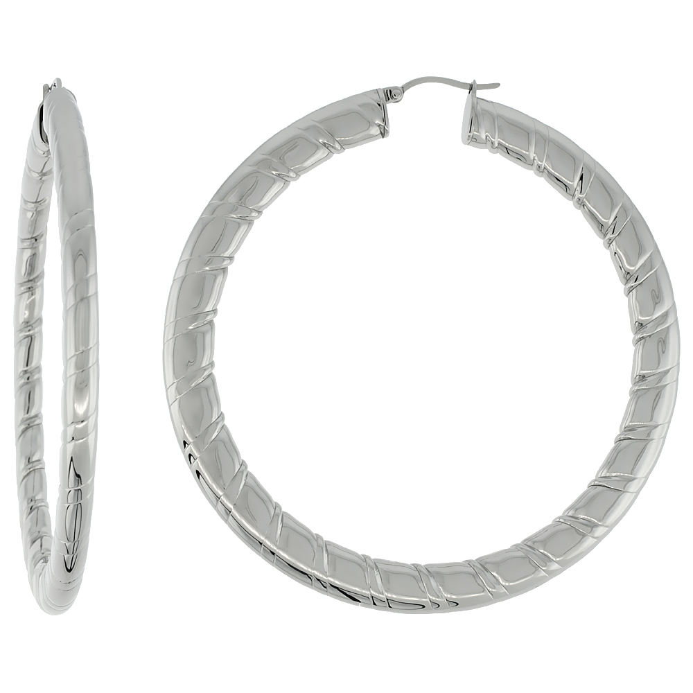 Stainless Steel Flat Hoop Earrings 3 inch Round 4 mm wide Candy Stripe Pattern Light Weightt