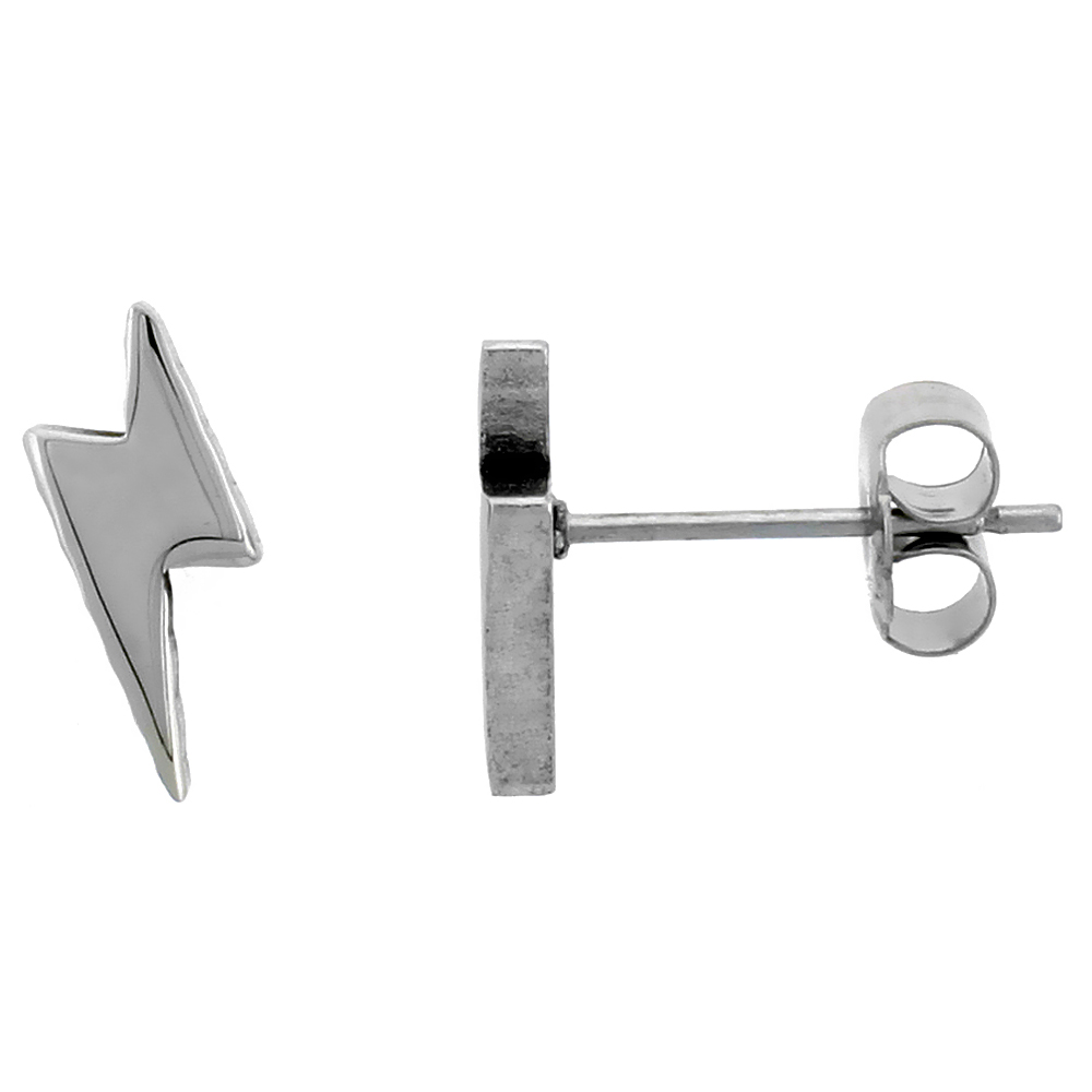 Small Stainless Steel Lightning Bolt Stud Earrings, 3/8 inch